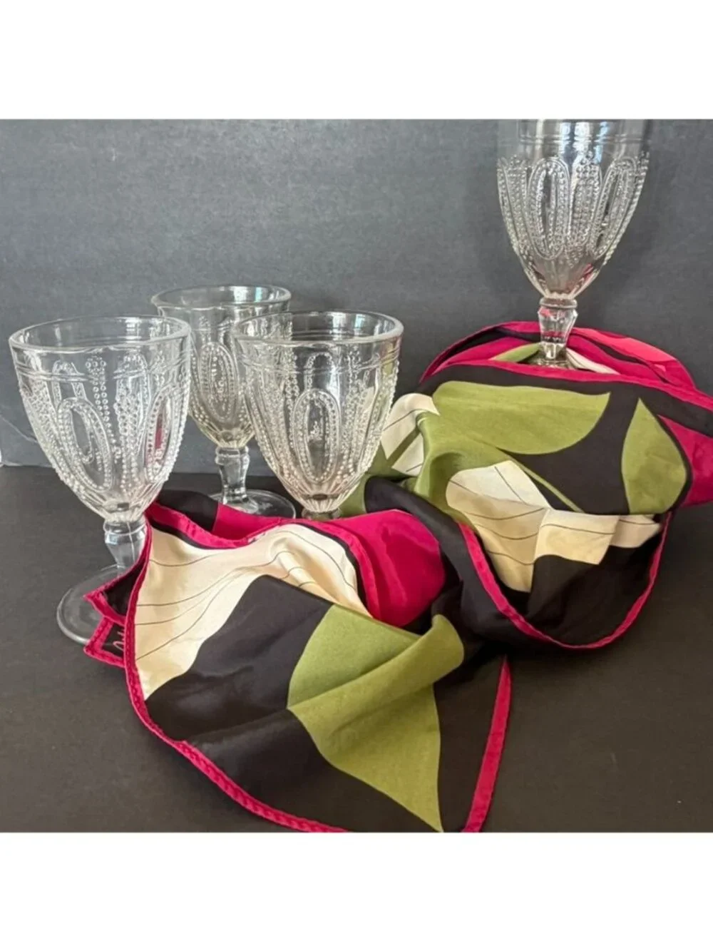 4 L.G. Wright Beaded Oval & Scroll Goblets 1970s Clear Pressed Glass 5.5